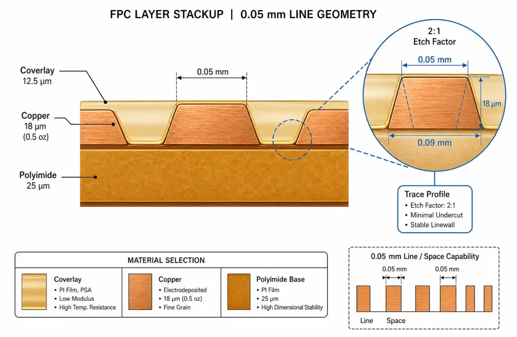 FPC layer stackup cross-section showing polyimide film copper adhesive layers for 0.05mm traces