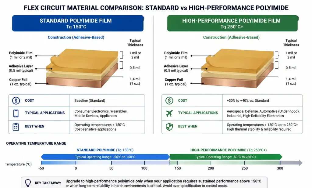 Comparison of standard versus high-performance polyimide flex materials with temperature ratings