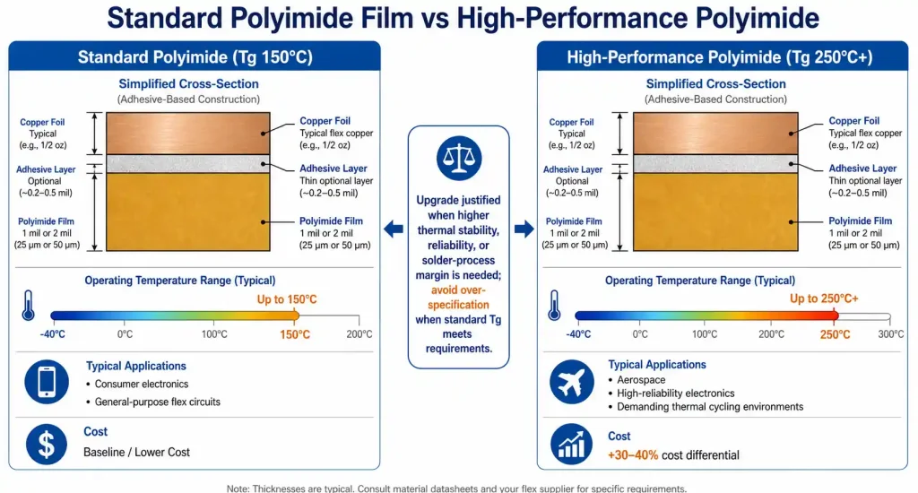 Comparison of standard versus high-performance polyimide flex materials with temperature ratings