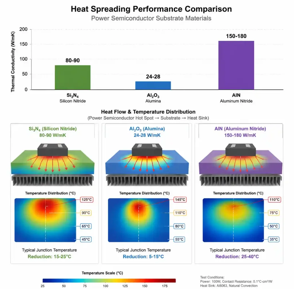 Thermal conductivity comparison chart Si3N4 vs Al2O3 vs AlN ceramic substrates