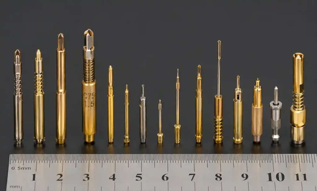 Different types of IC test probes showing pogo pin, cantilever, and cobra probe designs with contact tips