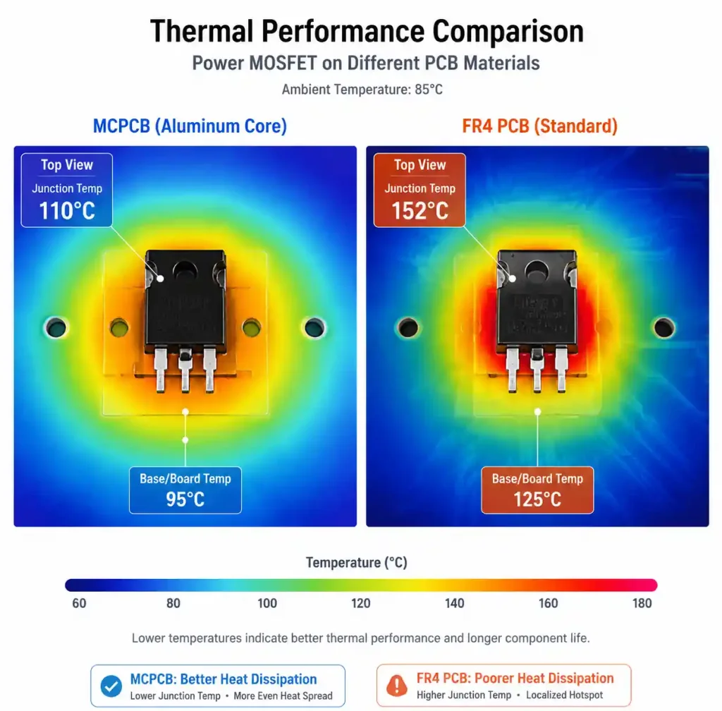 Thermal simulation comparison showing junction temperature reduction in MCPCB versus FR4 for power semiconductor