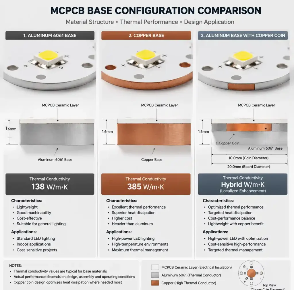 Aluminum and copper base MCPCB material comparison showing thermal conductivity and structural differences