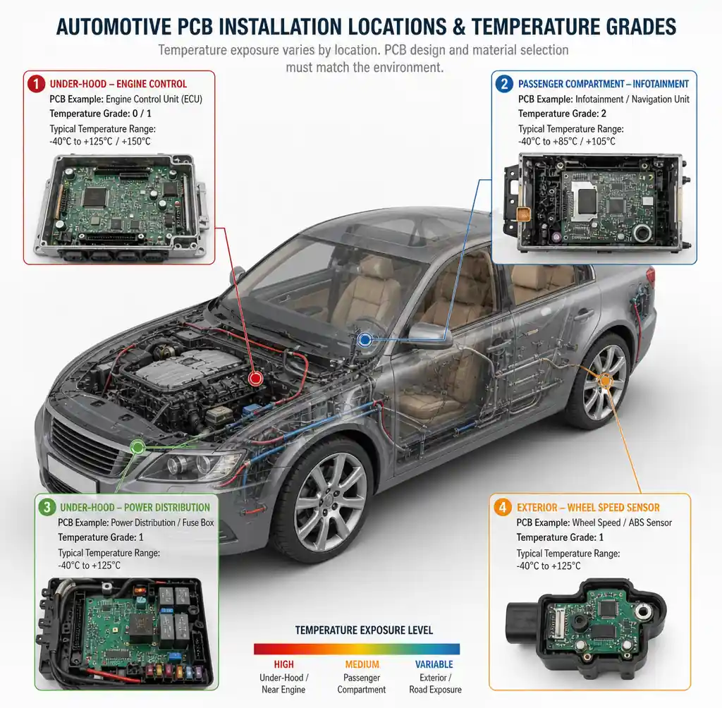 Automotive PCB locations showing different temperature grade requirements