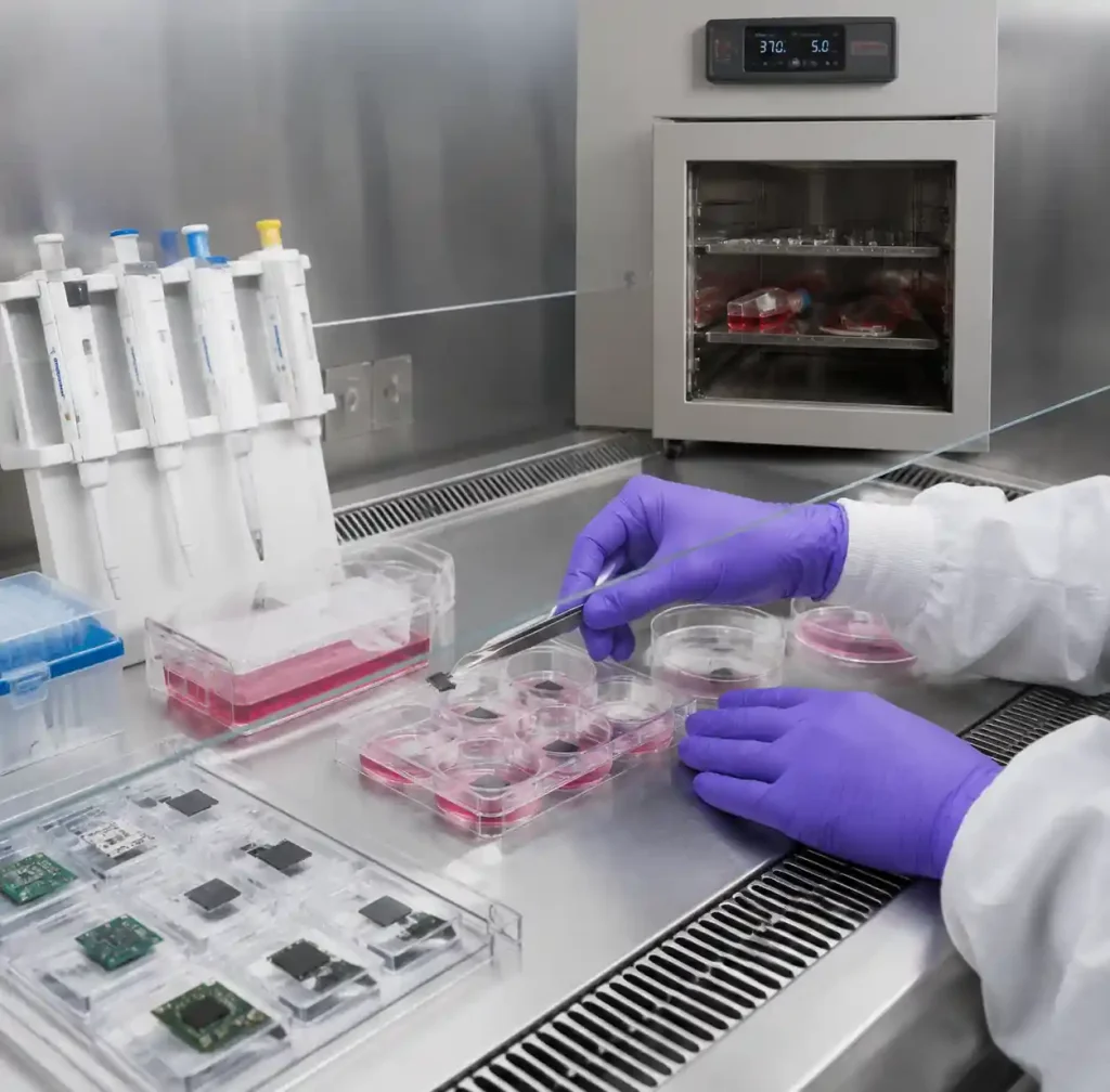 Biocompatibility testing setup for medical device PCB materials ISO 10993