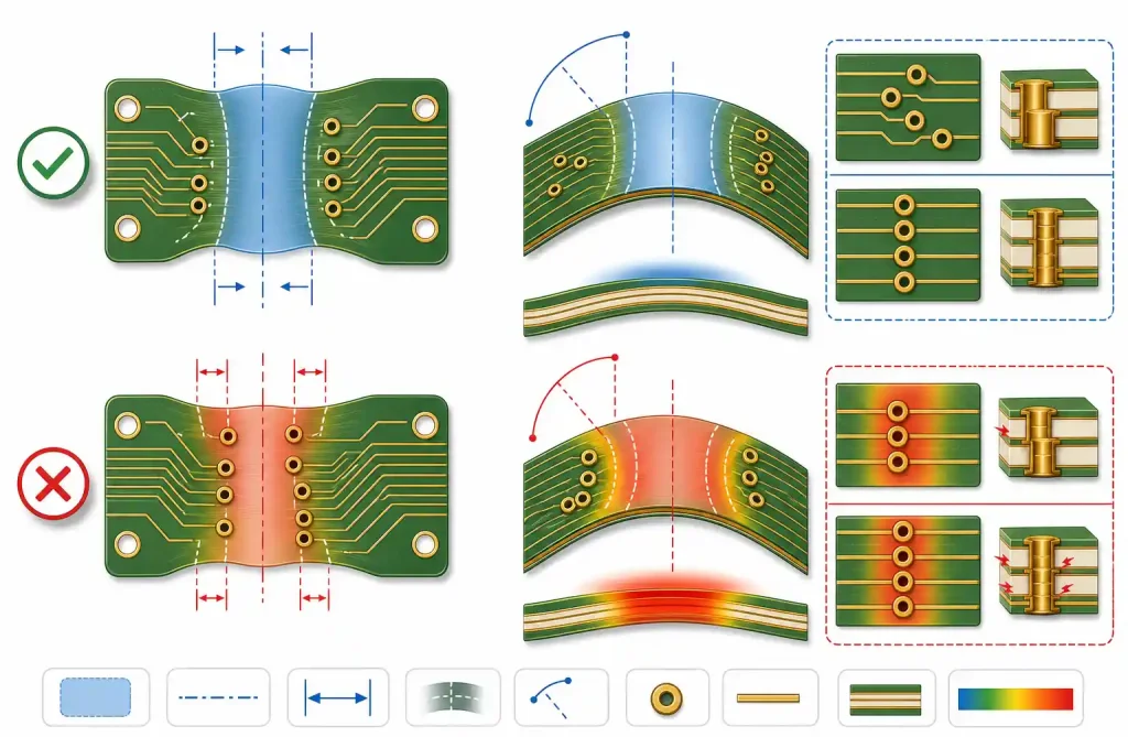 Proper via placement relative to flex bend zones showing safe distances