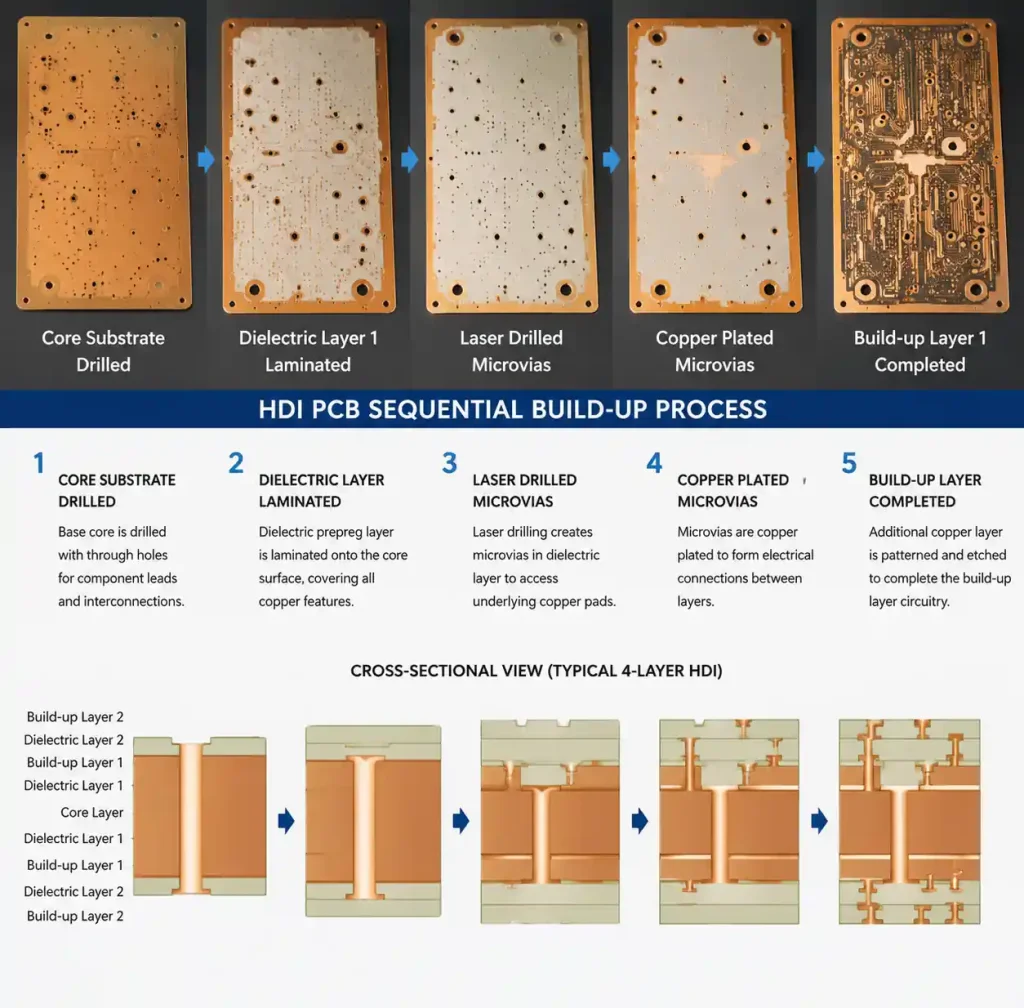 HDI PCB sequential build-up manufacturing process