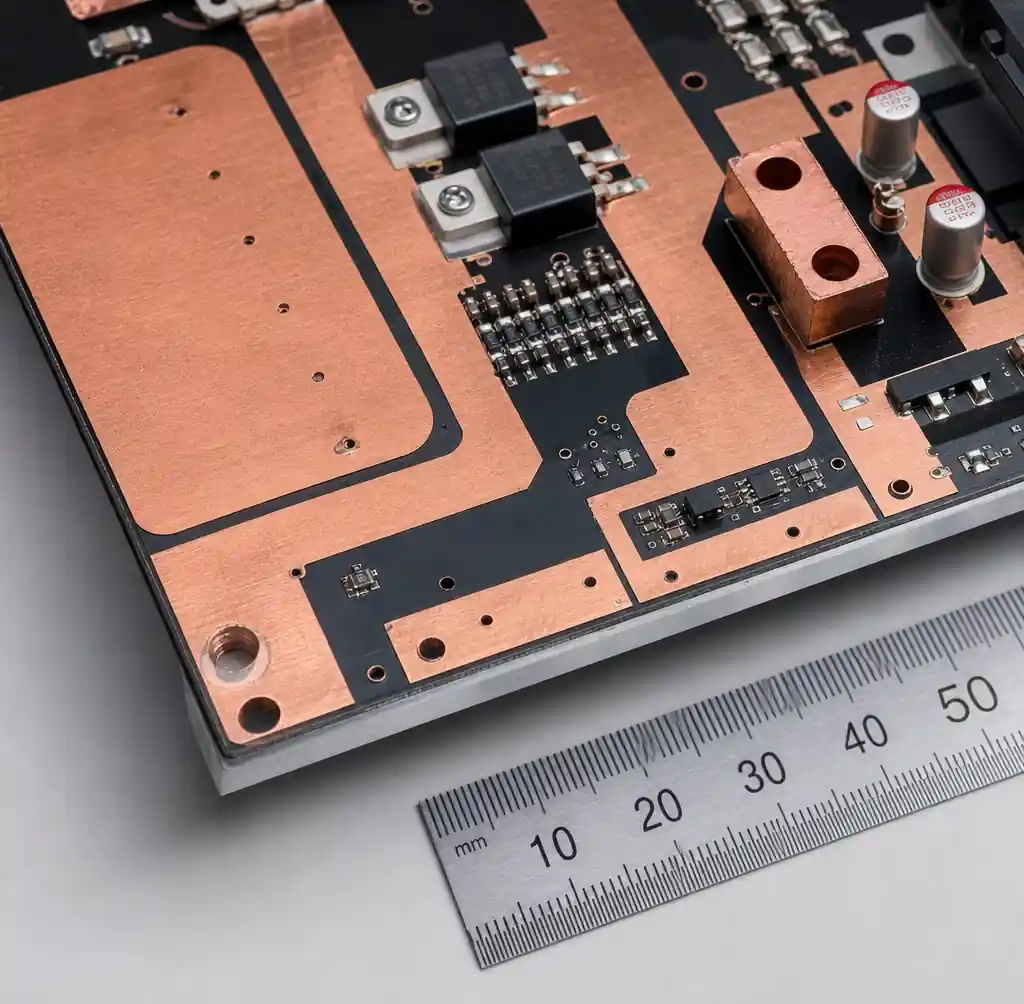 Heavy copper metal core PCB with wide high-current traces and pours for power electronics