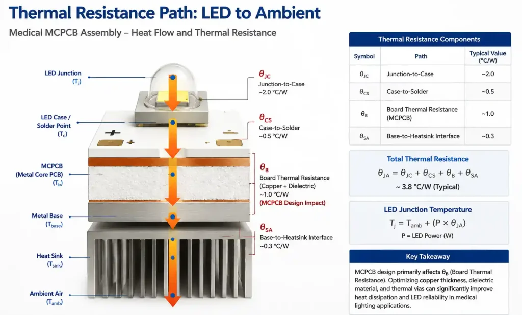 LED junction temperature thermal resistance path diagram for medical MCPCB thermal design calculations