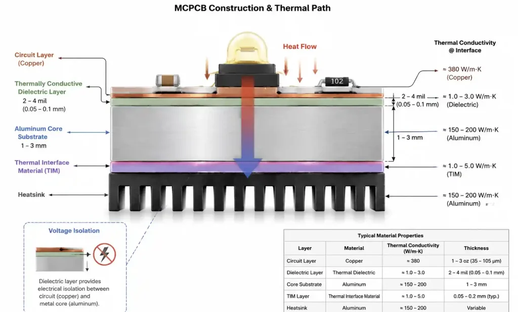 Metal core PCB dielectric layer structure and thermal conductivity paths