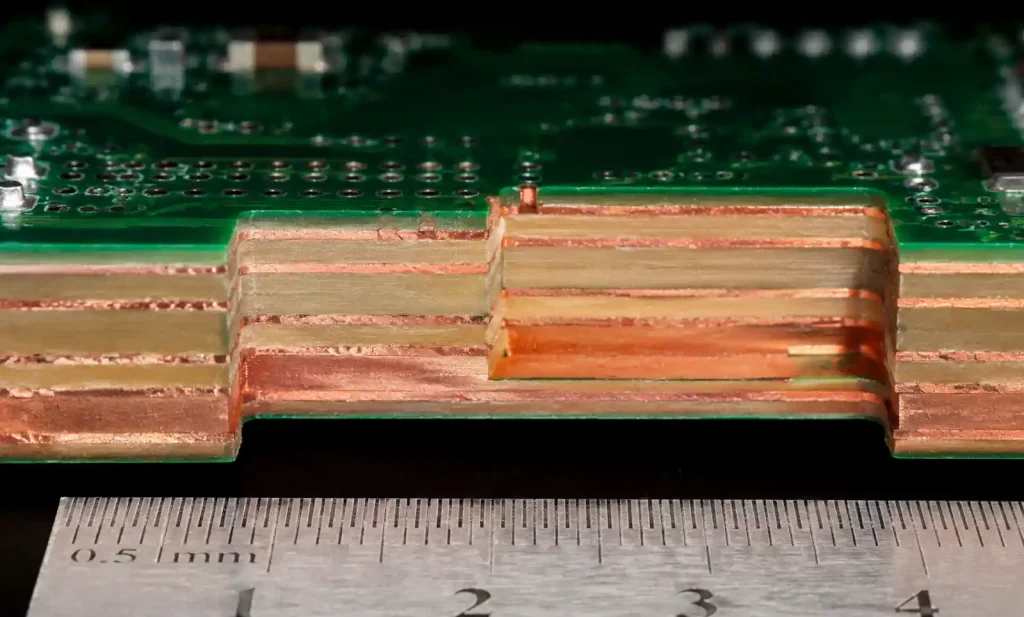 Multilayer PCB stackup showing signal layers and solid copper reference planes