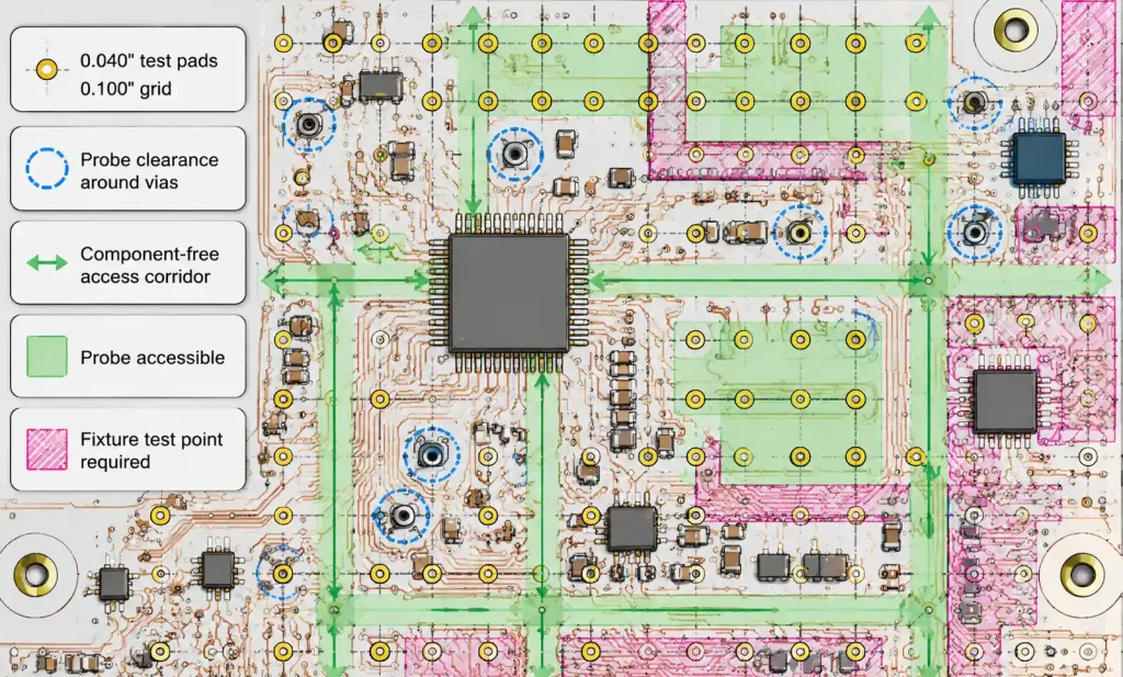 PCB layout showing test point placement and probe access zones for DFT optimization