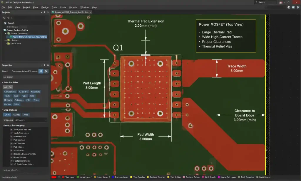 PCB layout showing proper thermal pad design for TO-220 power MOSFET on copper core