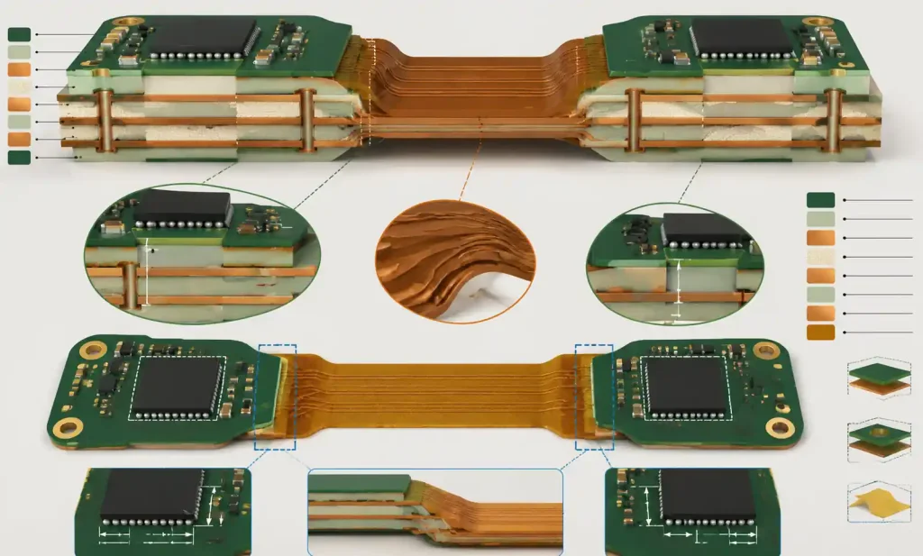 Rigid-flex PCB cross-section showing layer stackup and stiffener placement for smartwatch design