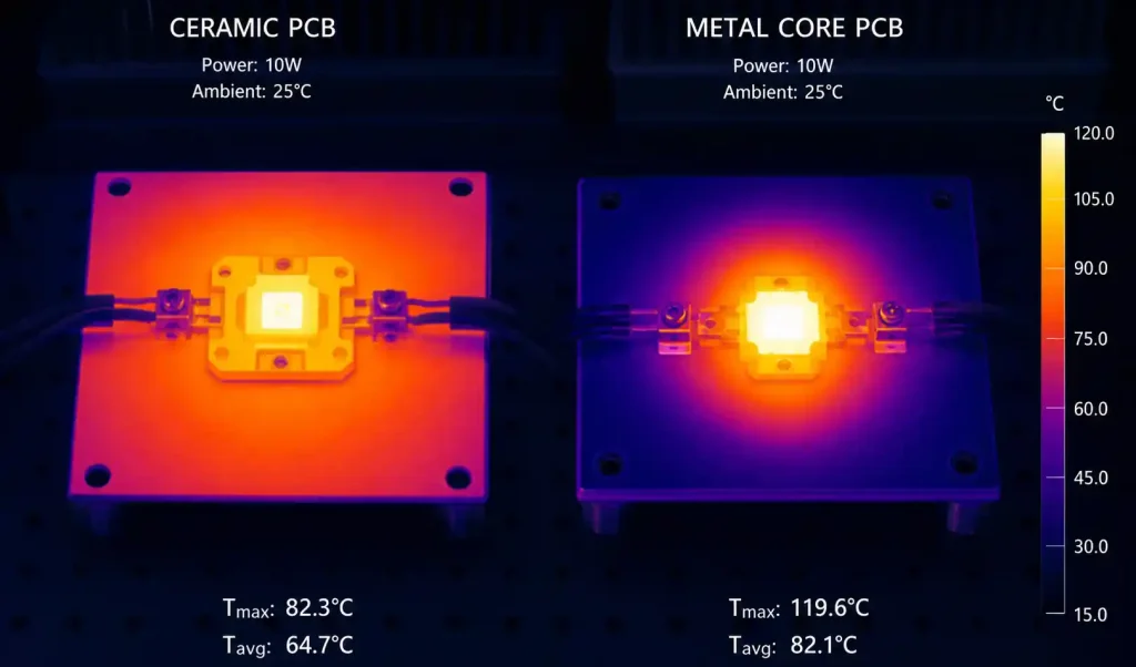Thermal performance comparison between ceramic and metal core PCB