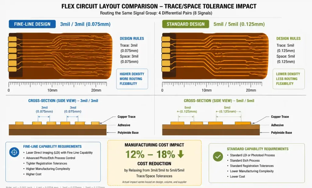 PCB trace width and spacing comparison showing 3mil versus 5mil design rules