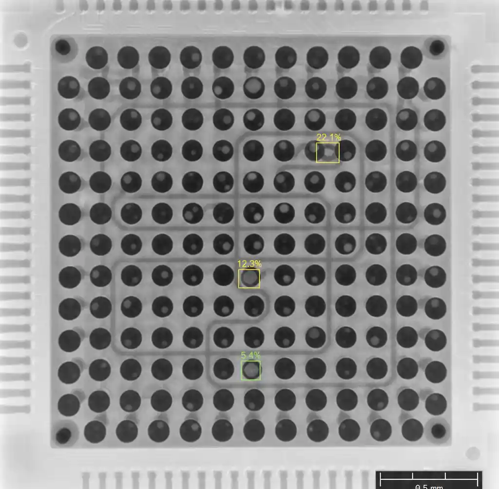 X-ray inspection image of BGA solder balls showing hidden joints and voiding