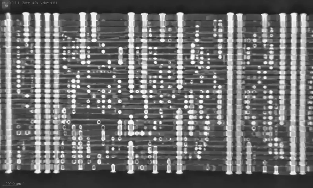 X-ray inspection image showing via structures and inner layer connections in a high-layer-count PCB