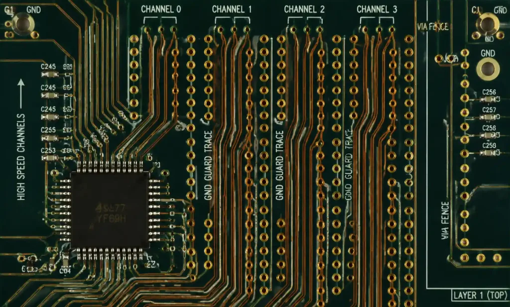 PCB layout showing crosstalk prevention techniques with trace spacing and grounded guard traces between test channels