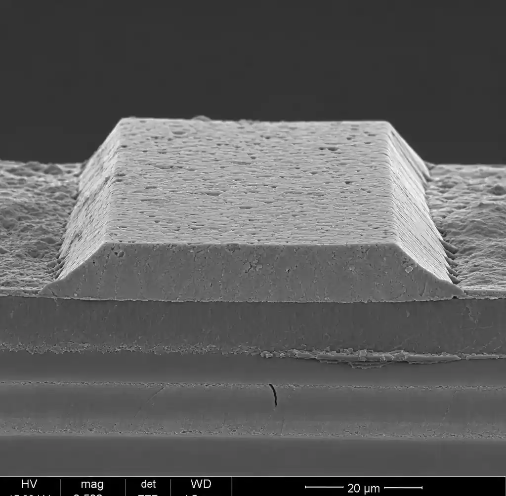 Close-up of etched PCB copper traces showing trapezoidal profile and undercut from etching