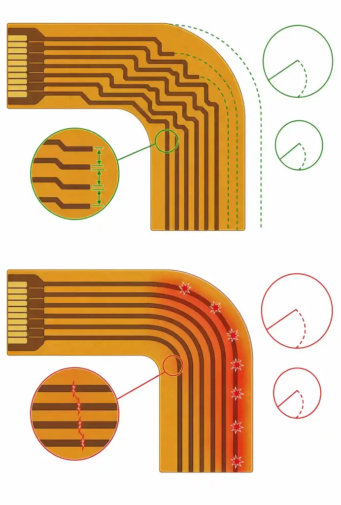 FPC dynamic flex region trace routing design rules showing proper orientation for 0.05mm lines