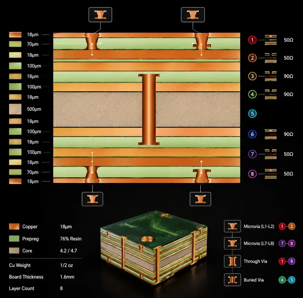 HDI PCB stackup showing 1+N+1 build-up with laser microvias and layer arrangement
