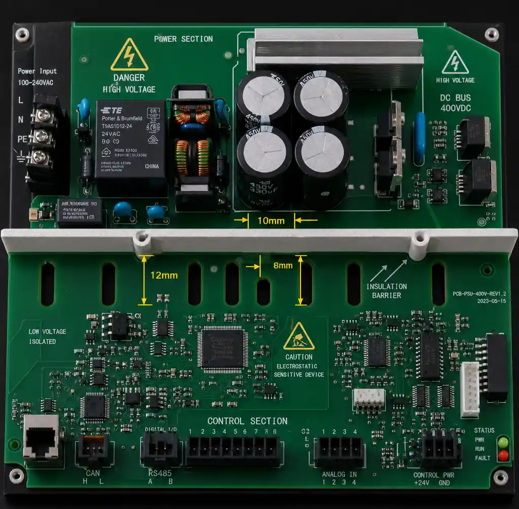 High voltage PCB design showing creepage and clearance spacing