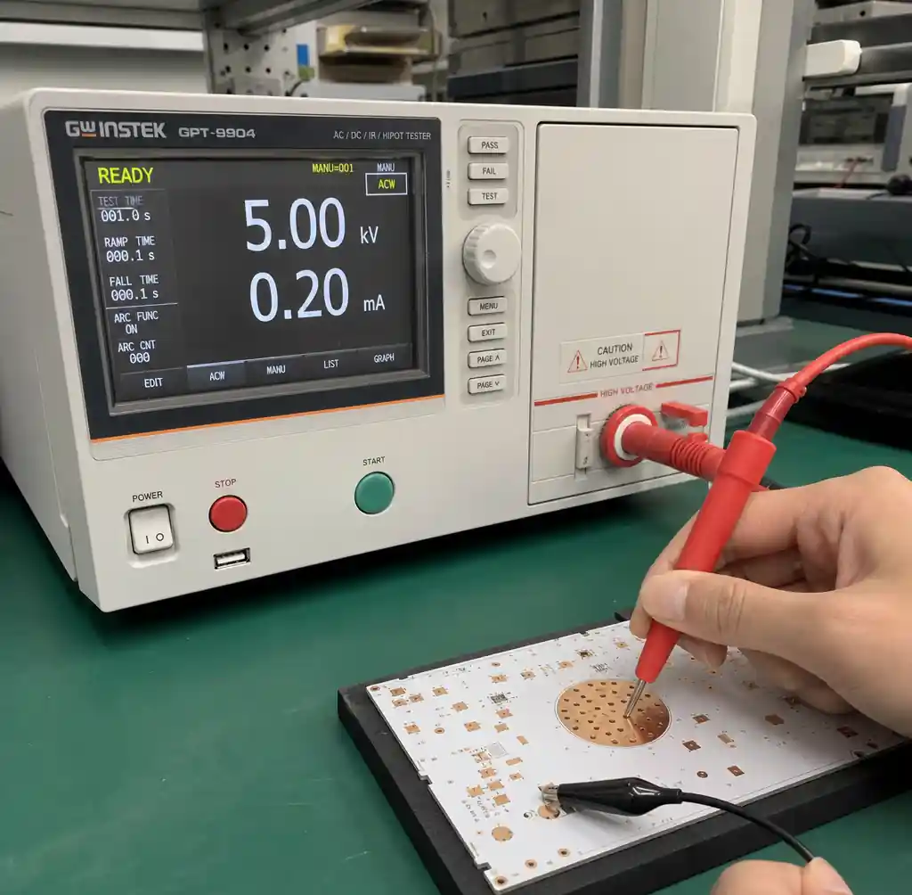 Hi-pot isolation test being performed on a metal core PCB to verify dielectric strength