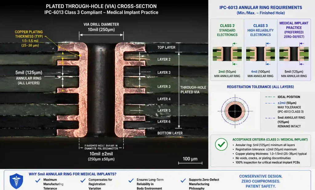 IPC-6013 Class 3 PCB cross-section showing annular ring and registration tolerances for medical devices