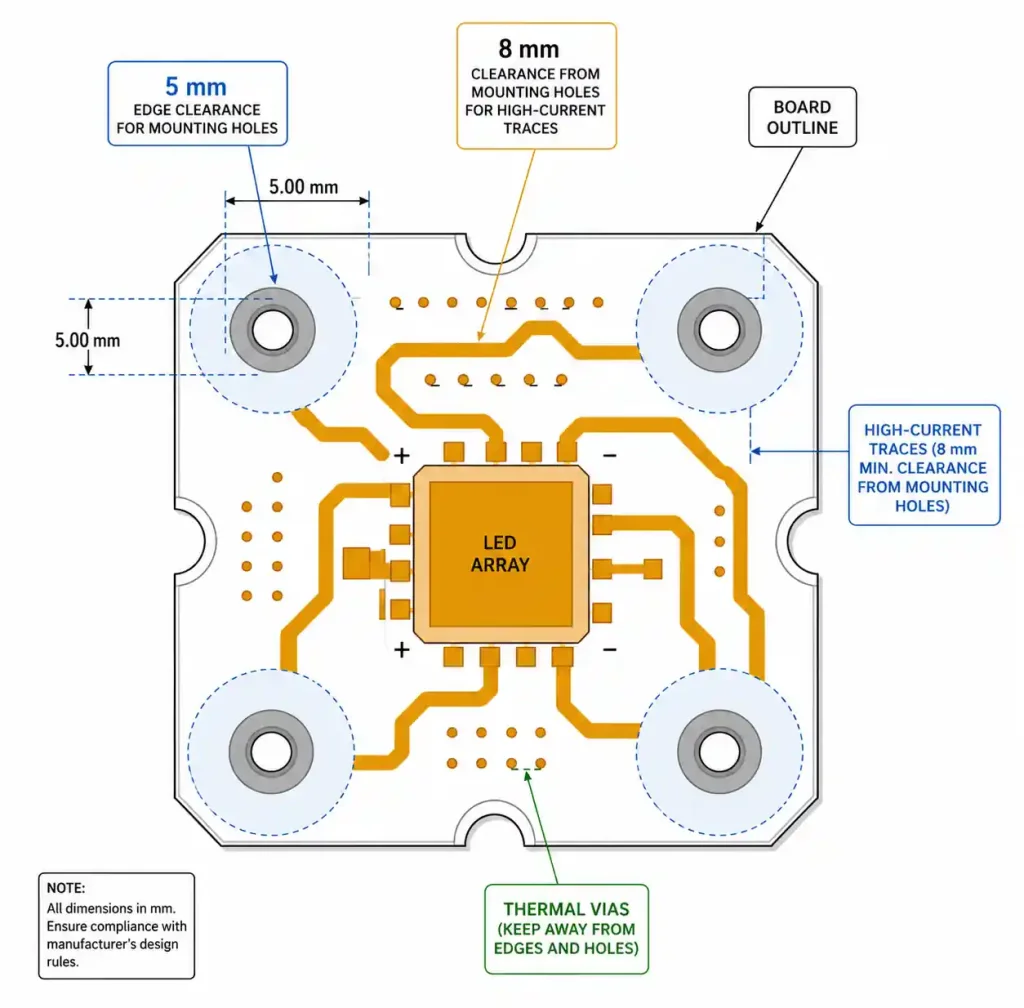 MCPCB design rules showing mounting hole placement, edge clearance, and thermal via positioning