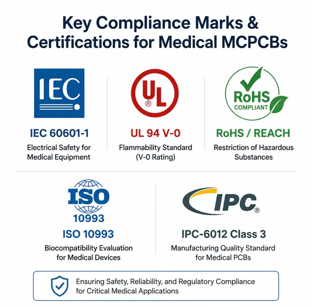Medical MCPCB compliance certification marks including IEC 60601, UL 94, RoHS, and ISO 13485 for medical device manufacturing