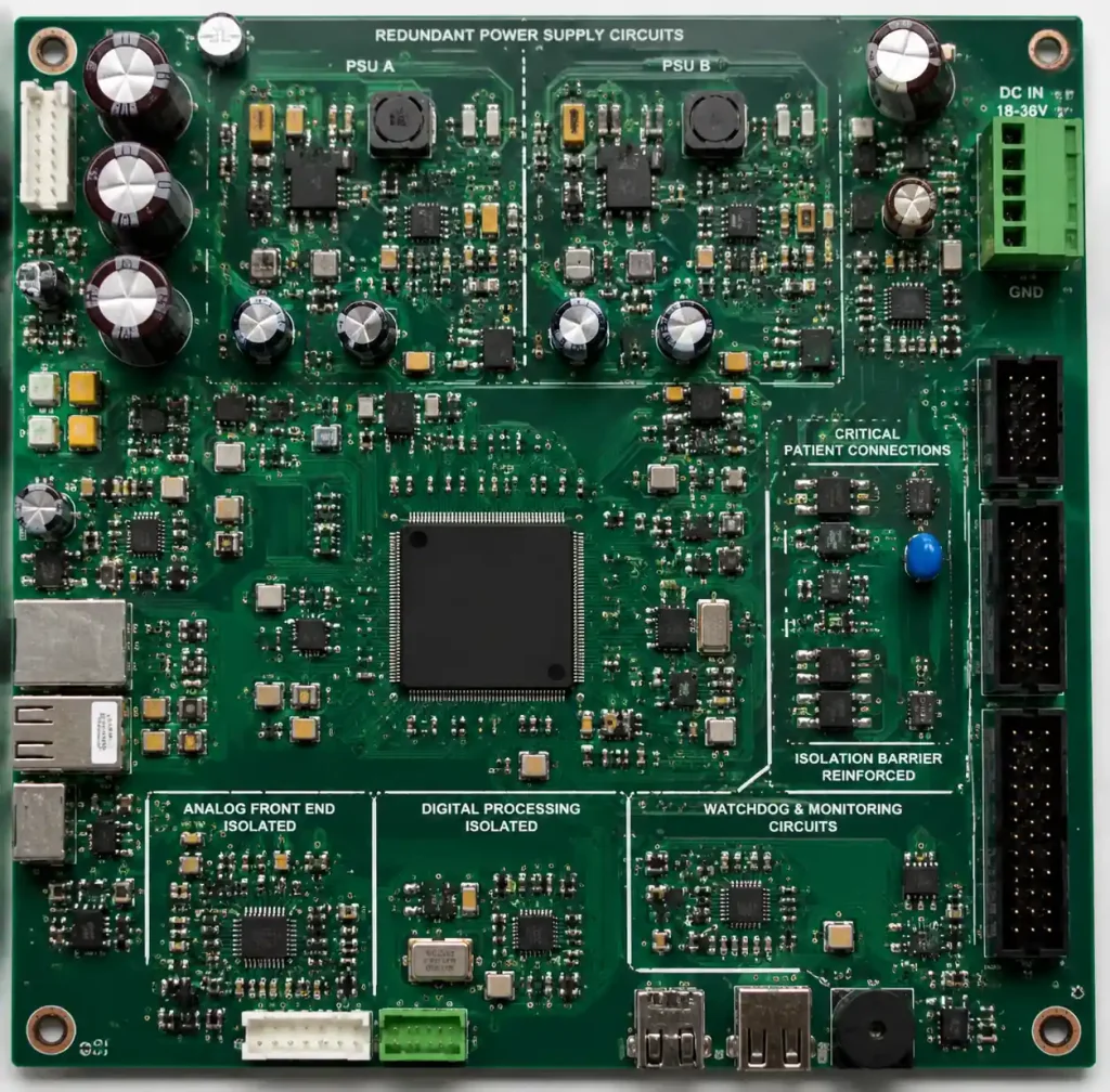 Medical device PCB showing redundant circuits and reliability design features