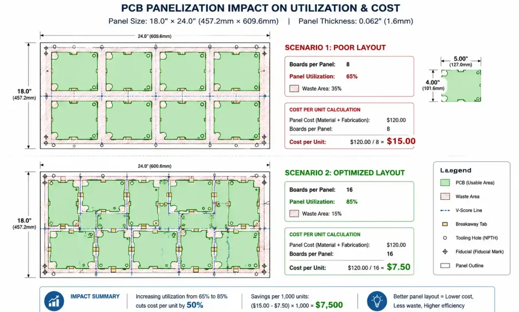 PCB panelization layout showing optimized versus poor panel utilization