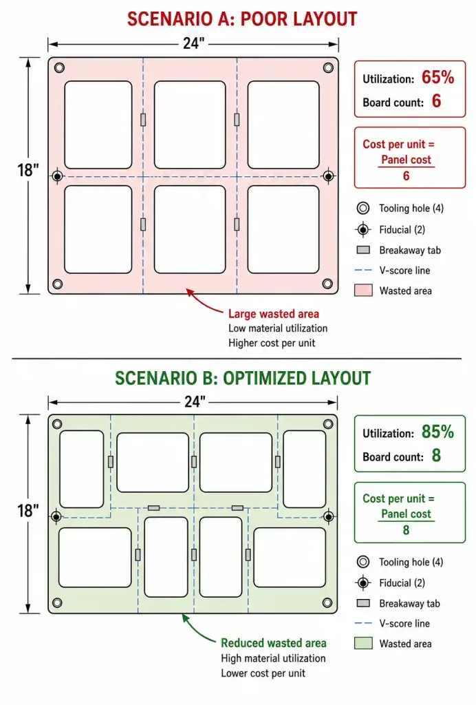 PCB panelization layout showing optimized versus poor panel utilization