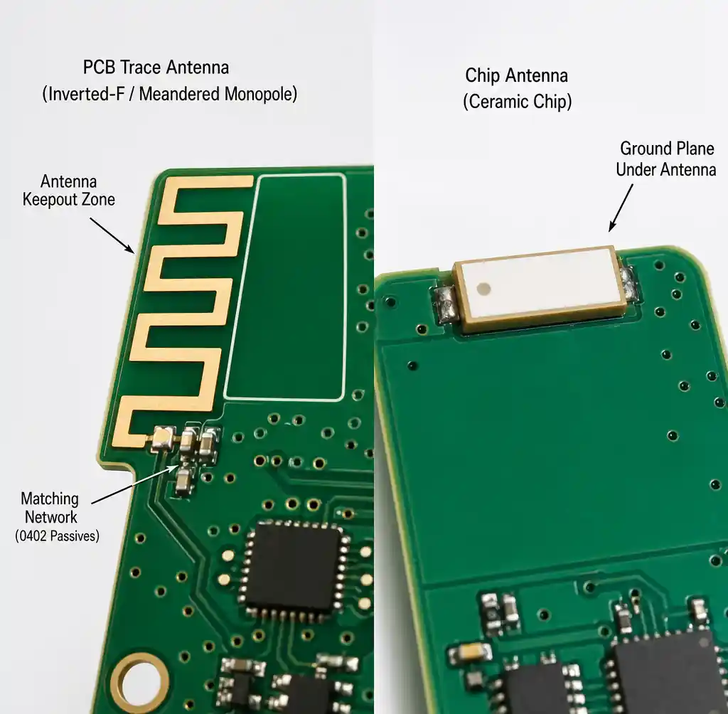 IoT PCB antenna design showing PCB trace antenna and chip antenna placement