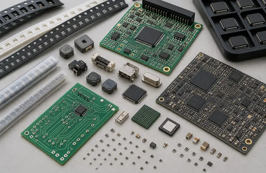Electronic components and PCB showing assembly cost factors