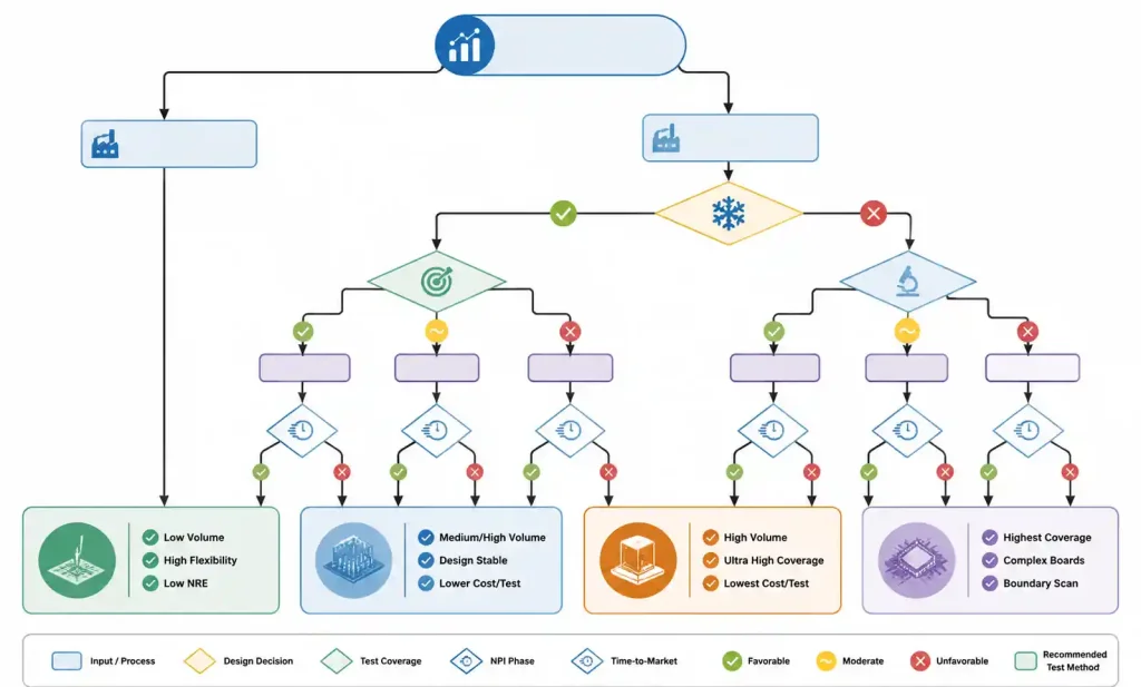 Decision flowchart for selecting PCB testing method based on production volume and design stability