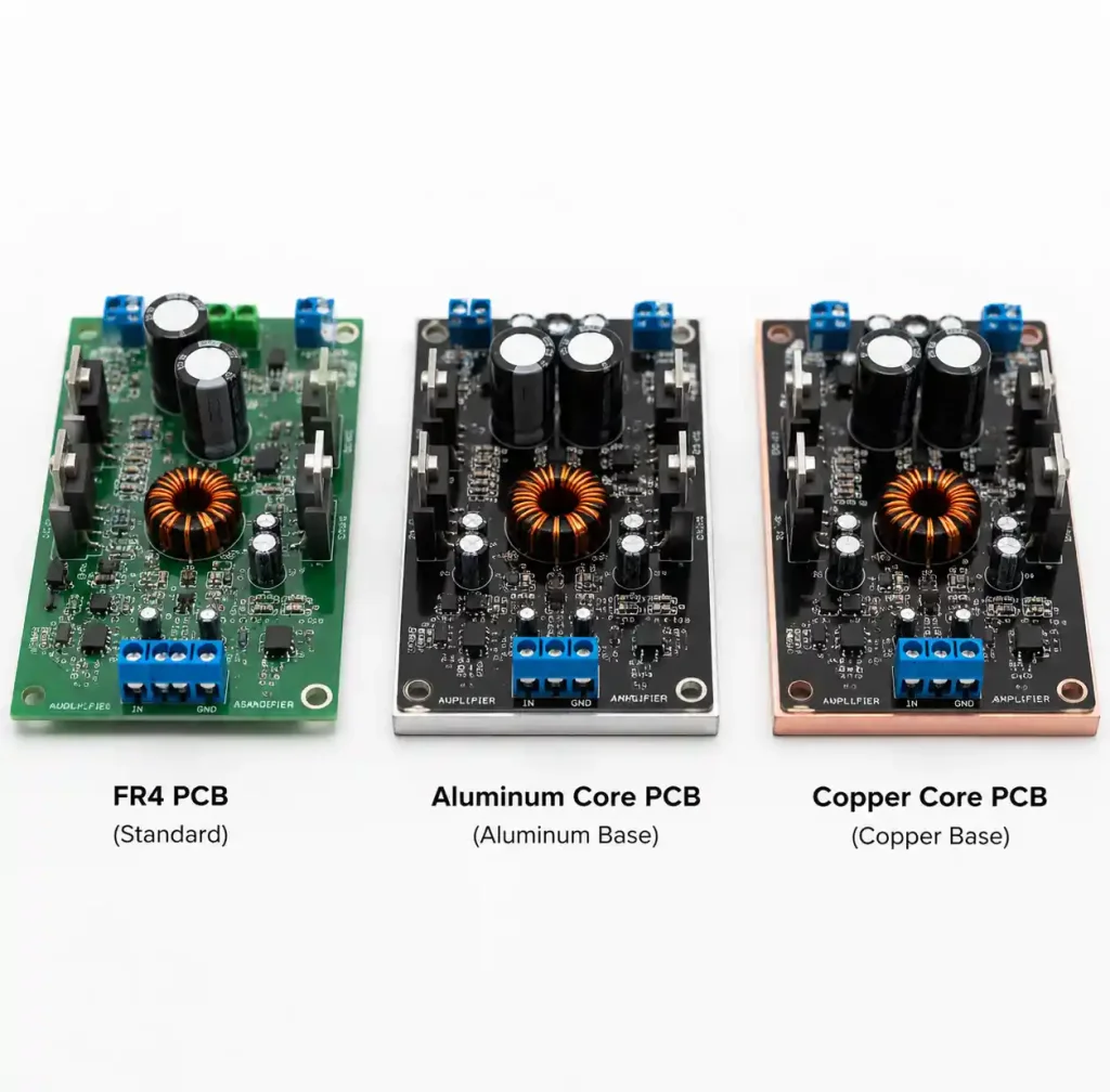Three PCB samples showing FR4 aluminum core and copper core substrates for amplifiers