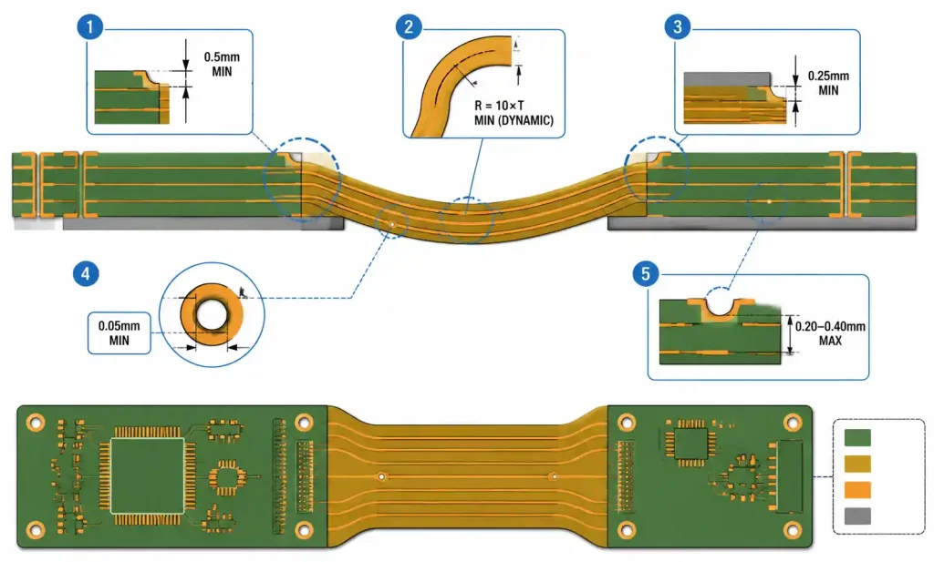 Rigid-flex PCB DFM checklist visual showing critical design zones and clearance requirements