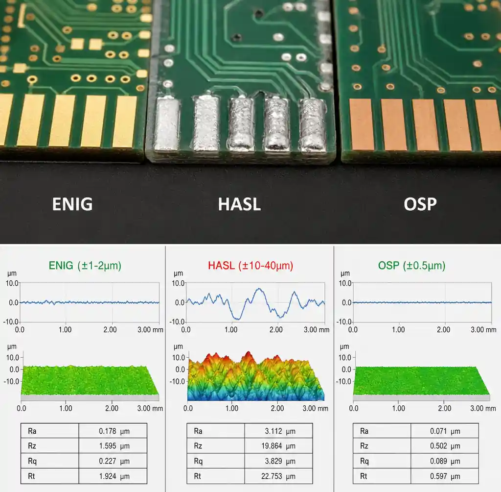 Surface flatness comparison between ENIG, HASL, and OSP finishes