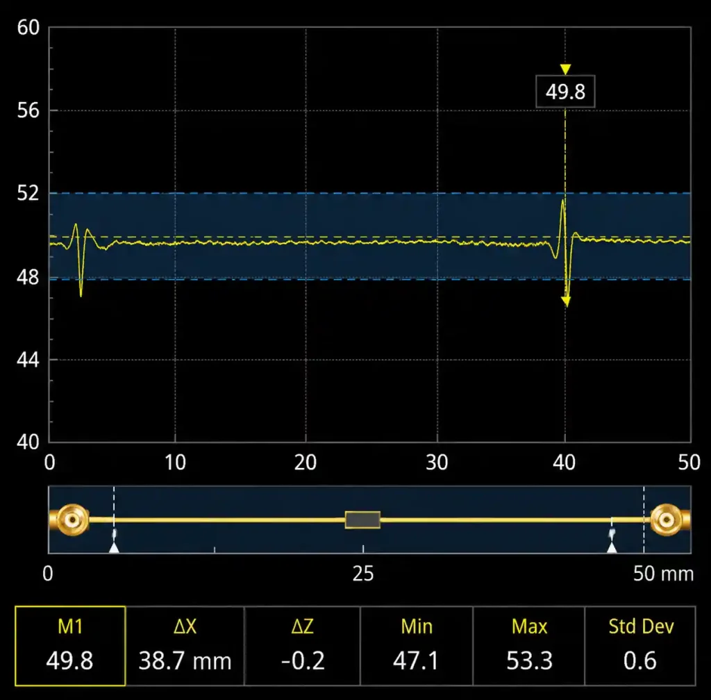 Time-domain reflectometry TDR waveform showing 50-ohm impedance measurement on Rogers 4350B microstrip test coupon with tolerance band