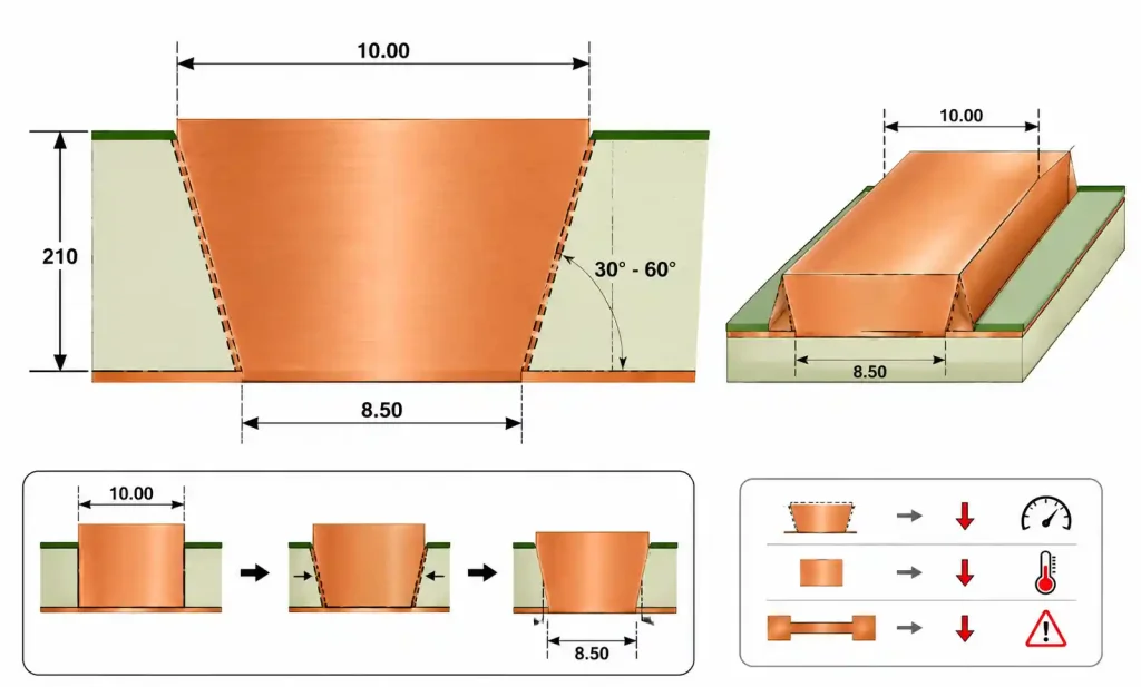 Thermal via array layout under power component on 6oz copper PCB showing via dimensions and spacing