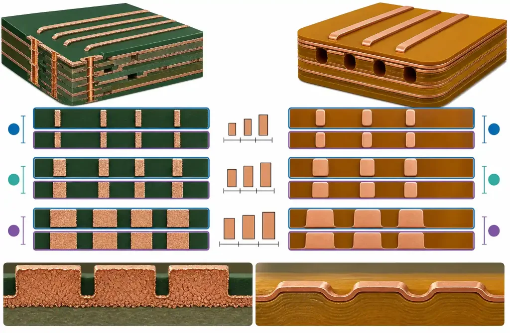 Comparison of minimum trace widths between rigid HDI and flex core sections