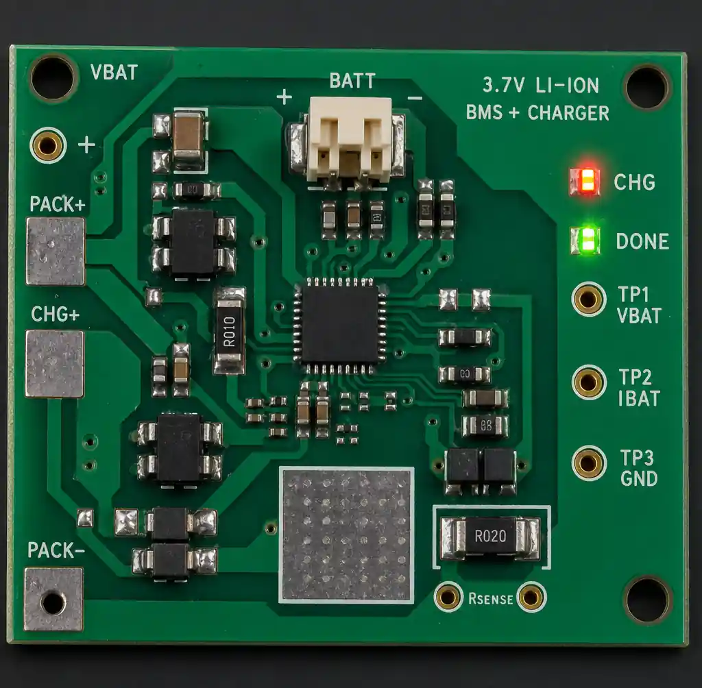 Battery management circuit on IoT PCB with protection and charging components