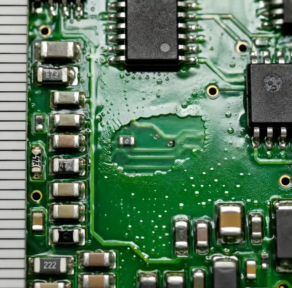 Close-up of conformal coating defects including bubbles, pinholes, and orange-peel texture on a PCB