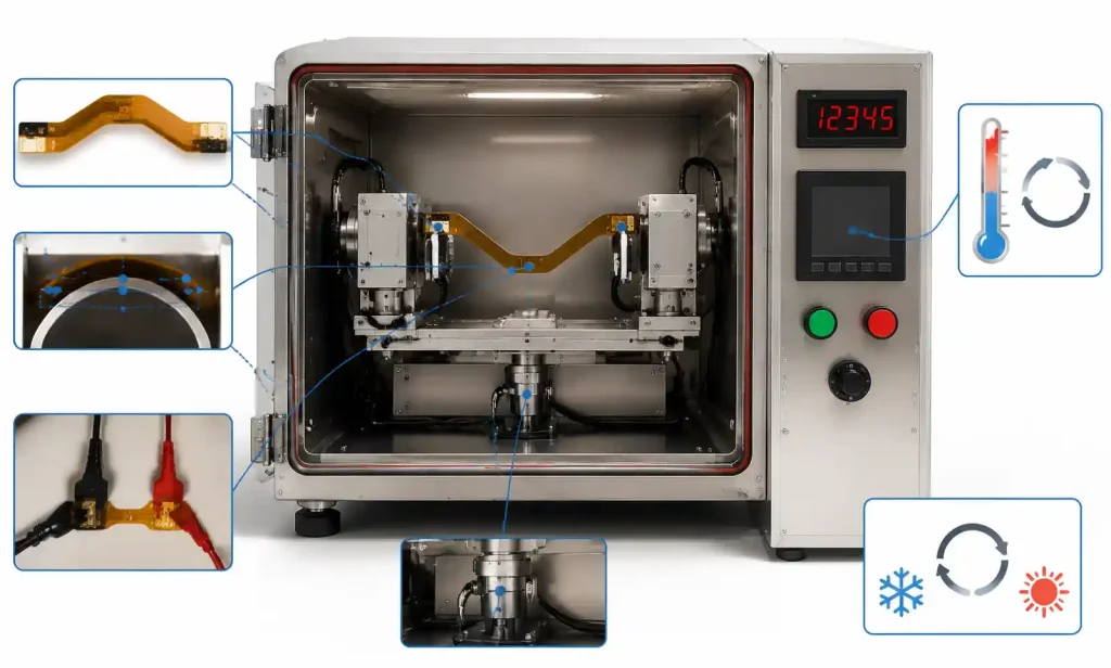Dynamic flex life testing setup for endoscope articulation section showing bend radius fixture and electrical monitoring