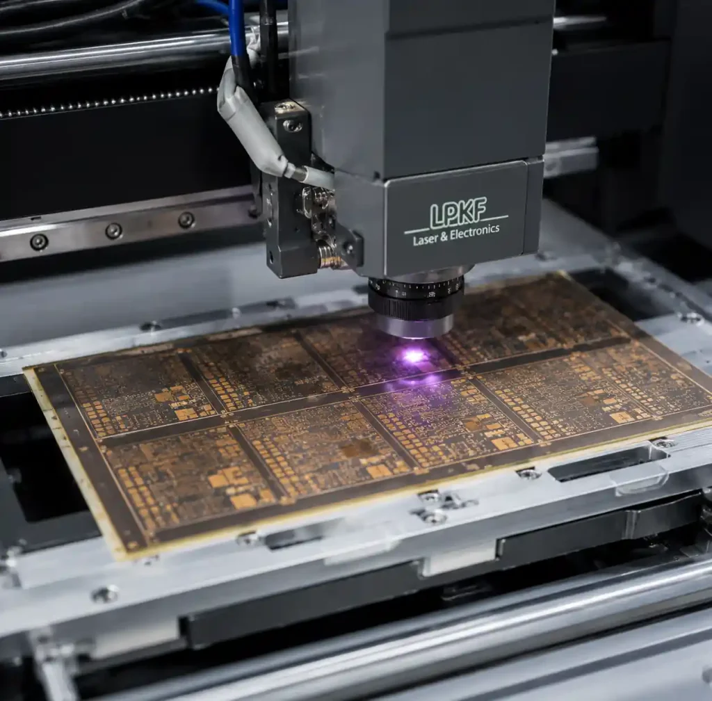 Laser drilling system creating microvias in HDI PCB production
