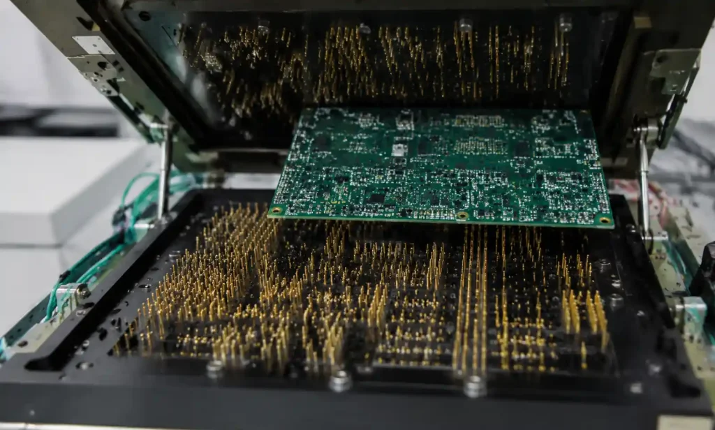In-circuit test bed-of-nails fixture with spring-loaded pins contacting PCB test points