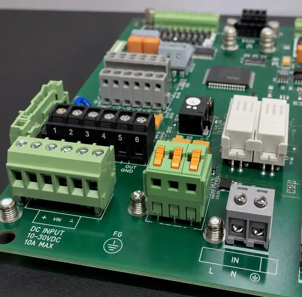 Industrial-grade connectors and screw terminals on PCB