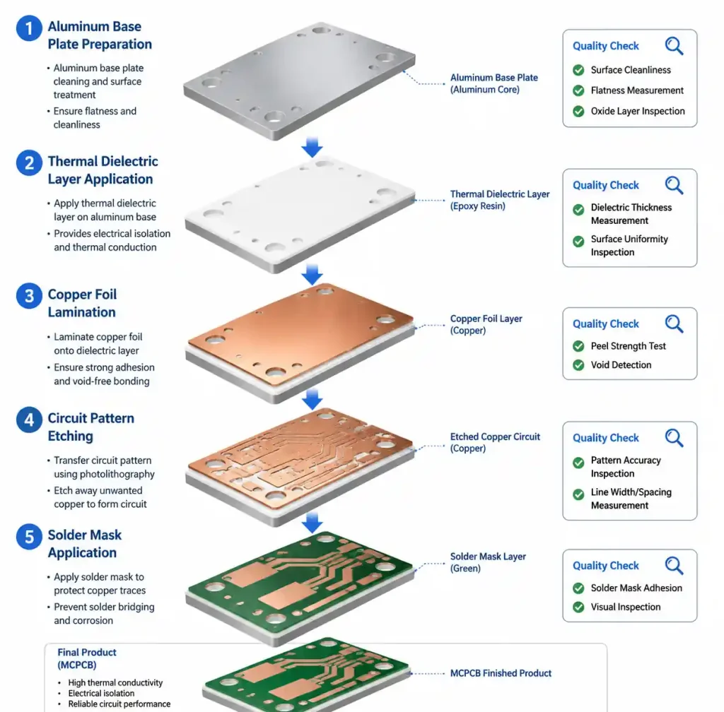 MCPCB manufacturing process showing dielectric lamination and copper circuit etching on metal base